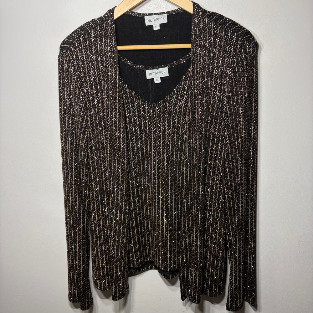 VTG Metaphor 2 Pc Tank Jacket Set Black Gold Glitter Striped Knit Evening XL